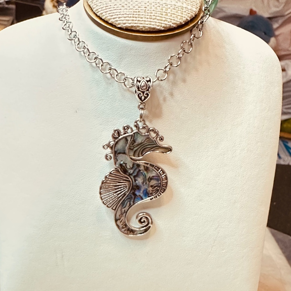 Stainless Steel Chain Abalone Shell Seahorse Banded Turquoise Agate Barrel Beads